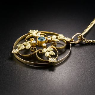 English Aquamarine and Seed Pearl Pendant Necklace