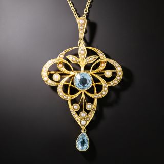 English Aquamarine and Seed Pearl Scroll Lavaliere/Brooch - 2