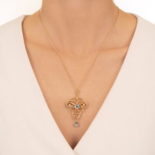 English Aquamarine and Seed Pearl Scroll Lavaliere/Brooch