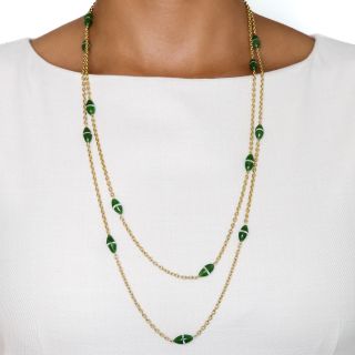 English Art Deco Long Chain with Nephrite Jade and Crystal Rondelles