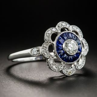 English Art Deco Style Diamond and Sapphire Ring
