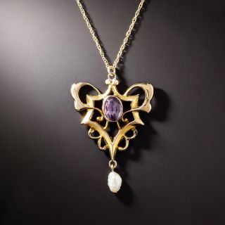 English Art Nouveau Amethyst and Pearl Necklace - 1