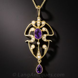 English Art Nouveau Amethyst and Pearl Pendant