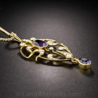 English Art Nouveau Amethyst and Pearl Pendant