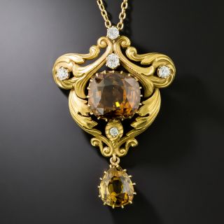Art Nouveau Brown Zircon, Chrysoberyl and Diamond Lavalière Necklace - 3