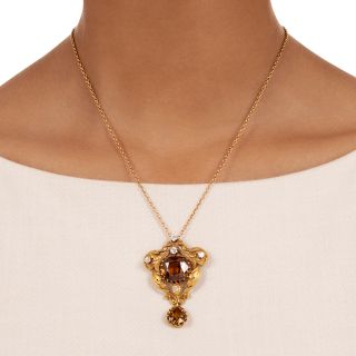 Art Nouveau Brown Zircon, Chrysoberyl and Diamond Lavalière Necklace