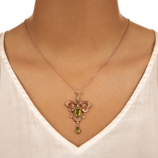 English Art Nouveau Peridot and Pearl Lavaliere/Brooch