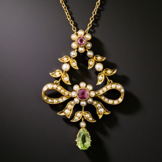 Edwardian 18K Pink Tourmaline, Peridot and Natural Pearl Necklace - 3