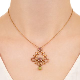Edwardian 18K Pink Tourmaline, Peridot and Natural Pearl Necklace