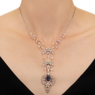Edwardian 4.00 Carat No-Heat Sapphire, Diamond and Pearl Lavaliere - GIA 