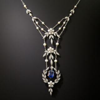 Edwardian 4.00 Carat No-Heat Sapphire, Diamond and Pearl Lavaliere - GIA  - 3