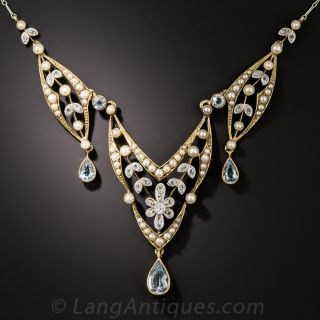English Edwardian Aquamarine and Pearl Necklace