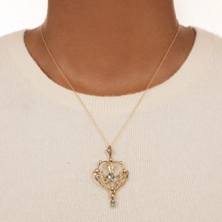 English Edwardian Aquamarine and Pearl Pendant