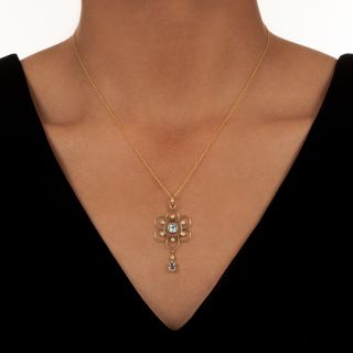 English Edwardian Aquamarine and Seed Pearl Lavaliere