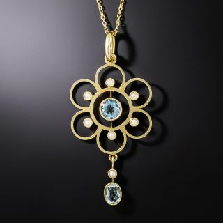 English Edwardian Aquamarine and Seed Pearl Lavaliere - 2