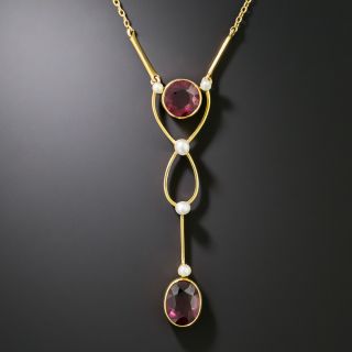 English Edwardian Garnet and Natural Pearl Necklace - 2