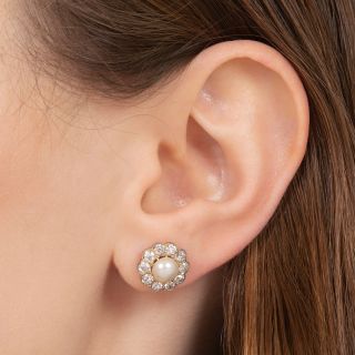 English Edwardian Natural Pearl and Diamond Halo Earrings
