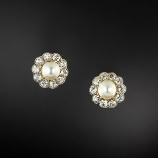 English Edwardian Natural Pearl and Diamond Halo Earrings - 2