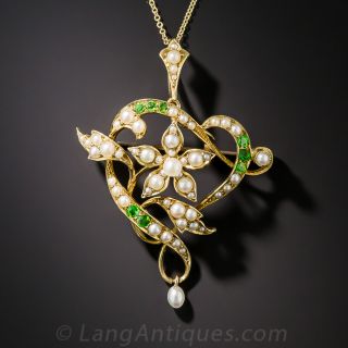 English Edwardian Seed Pearl and Demantoid Garnet Necklace