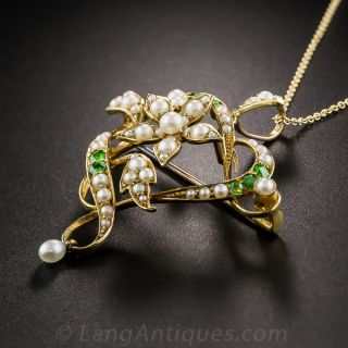 English Edwardian Seed Pearl and Demantoid Garnet Necklace
