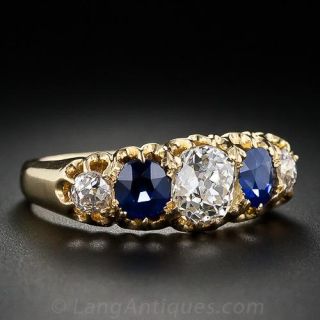 English Five-Stone Diamond and Sapphire Ring