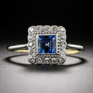 English Sapphire and Diamond Square Halo Ring