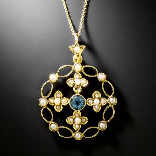 English Victorian Aquamarine and Natural Pearl Pendant - 3