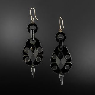 Victorian Carved Jet Dangle Earrings - 2