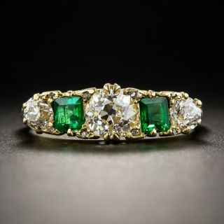 English Victorian Diamond Emerald Five-Stone Ring - 2