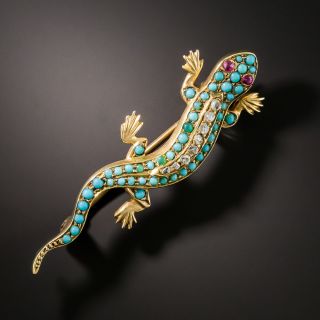 English Victorian Diamond Turquoise Salamander Brooch - 2