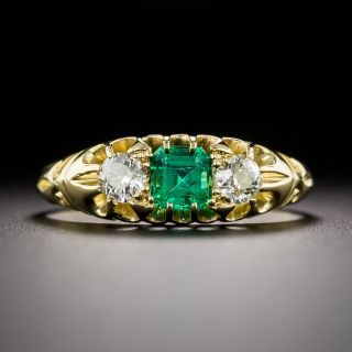 English Victorian Emerald and Diamond Three-Stone Ring, Circa 1902 - 3
