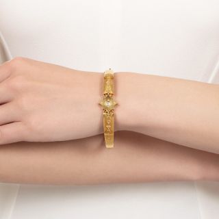 English Victorian Etruscan Revival Diamond Bangle Bracelet