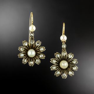 English Victorian Natural Pearl and Diamond Floral Drop Earrings - 2