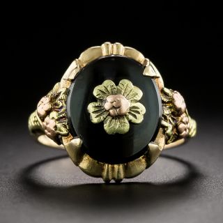 Victorian Onyx Tri-Color Gold Flower Ring - 2