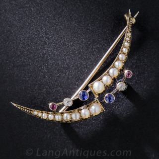 English Victorian Pearl and Gemstone Crescent Brooch
