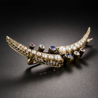 English Victorian Pearl and Gemstone Crescent Brooch