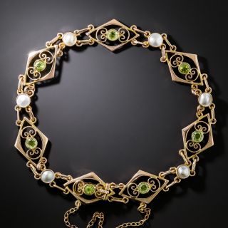 English Victorian Peridot and Natural Pearl Filigree Bracelet - 2