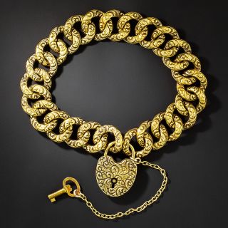 English Victorian Repoussé Bracelet with Heart Lock & Key - 2