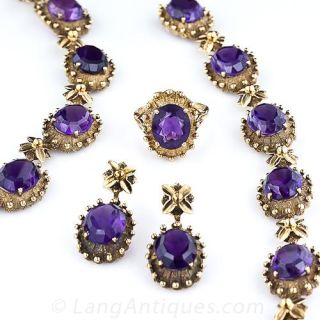 English Victorian Revival Amethyst Necklace, Bracelet, Earrings and Ring Suite