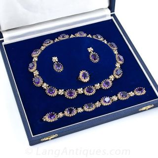 English Victorian Revival Amethyst Necklace, Bracelet, Earrings and Ring Suite