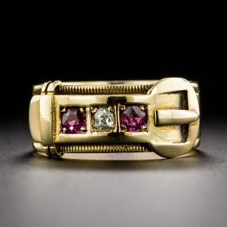 English Victorian Ruby and Diamond Buckle Ring, Circa 1900 - 2