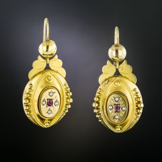 English Victorian Seed Pearl and Ruby Dangle Earrings - 2
