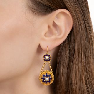 English Victorian-Style Pearl and Blue Enamel Drop Earrings