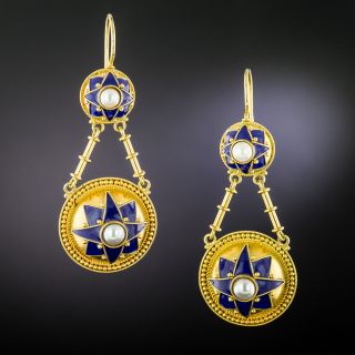 English Victorian-Style Pearl and Blue Enamel Drop Earrings - 2