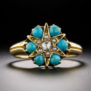 English Victorian Turquoise, Diamond and Pearl Ring - 2