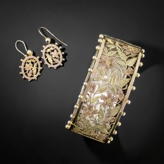 English Victorian Wide Bangle Bracelet and Earring Set, Circa 1893 - 4