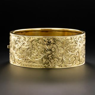 English Victorian Wide Engraved Bangle Bracelet, Circa 1881 - 2