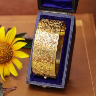 English Victorian Wide Engraved Bangle Bracelet, Circa 1881