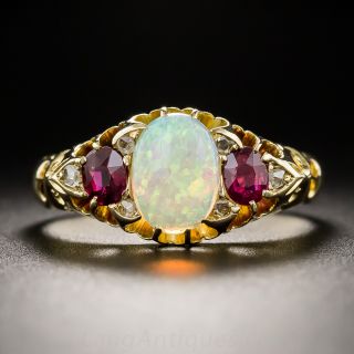 English Vintage Style Opal and Ruby Ring