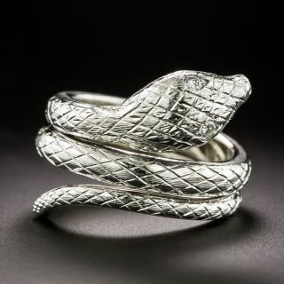 Engraved Diamond-Eyed White Gold Snake Ring, Austria - 2